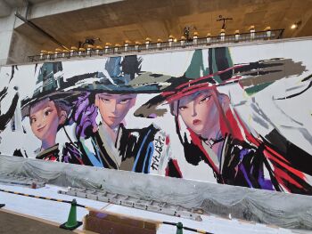 3girls absurdres black_hair brown_eyes graffiti_(medium) hat highres huntrix kpop_demon_hunters long_hair mira_(kpop_demon_hunters) multiple_girls non-web_source oceaneastart photoshop_(medium) purple_hair rumi_(kpop_demon_hunters) smile witch_hat zoey_(kpop_demon_hunters)