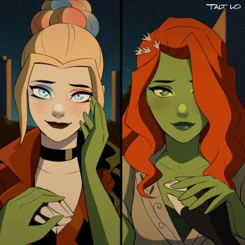 2girls alternate_hair_color batman_(series) black_gloves blonde_hair blue_eyes blue_eyeshadow braid braided_bun breasts cleavage colored_skin commentary dc_comics eyeshadow fingerless_gloves gloves green_eyes green_lips green_skin hair_bun harley_quinn harley_quinn_(cartoon) makeup medium_breasts multiple_girls pale_skin poison_ivy red_eyeshadow red_hair red_lips signature single_hair_bun split_screen talt_lo yuri
