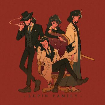 Rule 34 | 1girl, 3boys, arsene lupin iii, beard, black eyes, black gloves, black hair, black jacket, black pants, black suit, chair, cigarette, closed eyes, coat, collared shirt, crossed legs, facial hair, formal clothes, full body, gloves, gun, hakama, hand in pocket, hat, head rest, highres, holding, holding cigarette, holding gun, holding weapon, ishikawa goemon xiii, jacket, japanese clothes, jigen daisuke, katana, long sideburns, lupin iii, mine fujiko, mino (mino cat), multiple boys, necktie, pants, red background, sandals, shirt, short hair, sideburns, simple background, sitting, smile, smoking, socks, standing, suit, sword, vest, weapon