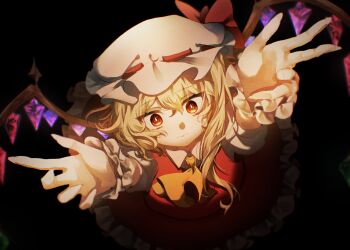 1girl absurdres black_background blonde_hair bright_pupils closed_mouth crystal_wings flandre_scarlet from_above hair_between_eyes hat highres mob_cap multicolored_wings puffy_short_sleeves puffy_sleeves red_eyes red_skirt red_vest shirt short_sleeves side_ponytail skirt solo touhou vest white_hat white_pupils white_shirt wings yoshino_(q_sci)