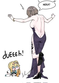 2girls ass bent_over blonde_hair blue_eyes bracelet breasts dress durandal_(honkai_impact) evening_gown glasses glasses_on_head grey_hair high_heels honkai_(series) honkai_impact_3rd jewelry kneeling large_breasts long_hair multiple_girls rita_rossweisse shirt sideboob skirt speech_bubble tattoo thighhighs