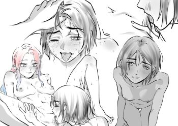 2girls alien_stage blue_hair breasts commentary completely_nude cunnilingus english_commentary highres imceileen long_hair mizi_(alien_stage) multicolored_hair multiple_girls nipples nude one_eye_closed oral partially_colored pink_hair short_hair sua_(alien_stage) tongue two-tone_hair yuri