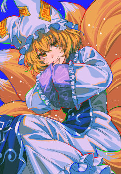 1girl animal_ears animal_hat blonde_hair blue_background blue_tabard closed_mouth collared_dress commentary_request dated dress fox_ears fox_girl fox_tail frilled_dress frilled_shirt_collar frilled_sleeves frills hands_in_opposite_sleeves hat highres kitsune light_blush light_particles light_smile looking_at_viewer medium_hair mob_cap multiple_tails noriuma ofuda ofuda_on_clothes signature sleeves_past_wrists smile solo tabard tail touhou twitter_username white_dress white_hat wide_sleeves yakumo_ran yellow_eyes