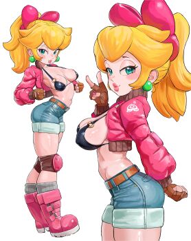 1girl absurdres adapted_costume bikini bikini_top_only black_bikini blonde_hair blue_eyes blush boots bow breasts closed_mouth denim denim_shorts earrings fingerless_gloves gloves hair_bow highres jacket jewelry knee_pads large_breasts long_hair looking_at_viewer mario_(series) mario_kart mario_kart_world mineru128127 multiple_views navel nintendo open_clothes open_jacket pink_boots pink_bow pink_jacket ponytail princess_peach princess_peach_(touring) short_shorts shorts simple_background smile sphere_earrings stomach swimsuit v white_background