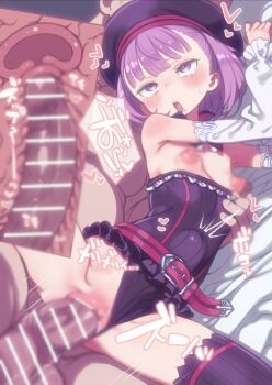 1boy 1girl bar_censor belt breasts censored clothing_aside cross-section detached_sleeves fate/grand_order fate_(series) hat helena_blavatsky_(fate) hetero highres loli nipples paid_reward_available penis puddinghomhom purple_eyes purple_hair sex short_hair small_breasts strapless thighhighs vaginal white_sleeves