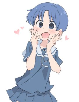 +_+ 1girl amemiya-san_(arawi_keiichi) amemiya-san_(character) blue_eyes blue_hair blue_sailor_collar blue_serafuku blue_skirt blush commentary_request dot_nose drooling hands_up happy heart highres looking_at_viewer mouth_drool open_mouth pleated_skirt sailor_collar school_uniform serafuku short_hair short_sleeves simple_background skirt solo sparkling_eyes very_short_hair white_background wichimi