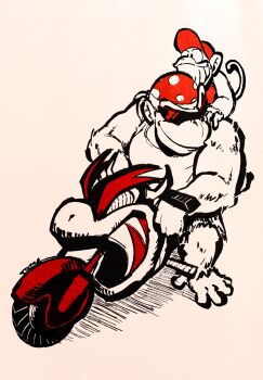 Rule 34 | 2boys, bandana, baseball cap, diddy kong, donkey kong (series), donkey kong country, full body, funky kong, hat, highres, male focus, mario (series), mario kart, mario kart wii, monkey tail, motor vehicle, motorcycle, multiple boys, nintendo, on motorcycle, red bandana, red hat, shirt, sleeveless, sleeveless shirt, spot color, sunglasses, tail, xtremexavier