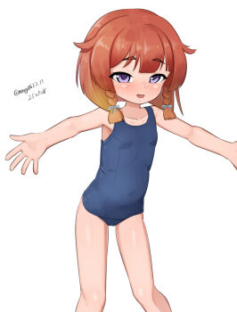 Rule 34 | 1girl, absurdres, blue one-piece swimsuit, bob cut, braid, commentary request, covered navel, dated, etorofu (kancolle), feet out of frame, gradient hair, highres, kantai collection, maru (marg0613), multicolored hair, old school swimsuit, one-hour drawing challenge, one-piece swimsuit, orange hair, outstretched arms, purple eyes, school swimsuit, short hair, side braids, simple background, smile, solo, swimsuit, thick eyebrows, twin braids, twitter username, white background