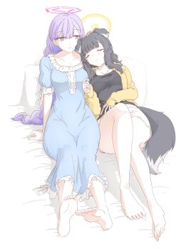 2girls absurdres alternate_costume animal_ears bare_arms bare_legs barefoot bed_sheet black_hair black_shirt blue_archive blue_nightgown breasts center_frills choppy_bangs closed_eyes commentary dog_ears dog_girl dog_tail feet frilled_nightgown frilled_shirt_collar frilled_sleeves frills full_body hair_between_eyes halo hand_on_another's_head hariyaa hibiki_(blue_archive) highres jacket long_hair long_sleeves medium_breasts multiple_girls nightgown on_bed pajamas pillow pink_halo purple_eyes purple_hair reclining shirt short_shorts short_sleeves shorts smile soles tail toes utaha_(blue_archive) very_long_hair white_shorts yellow_halo yellow_jacket yuri