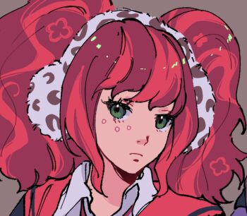 Rule 34 | 1girl, brown background, clip studio paint (medium), closed mouth, commentary, dixoterin, earmuffs, english commentary, eyelashes, facial mark, green eyes, kyokugen dasshutsu, kyokugen dasshutsu: 9 jikan 9 nin 9 no tobira, long hair, multicolored hair, pink hair, portrait, red hair, simple background, solo, streaked hair, twintails, two-tone hair, yotsuba (kyokugen dasshutsu)