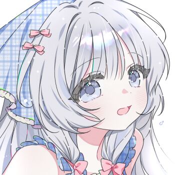 1girl :d bare_shoulders blue_eyes blue_headscarf blush bow commentary eromanga_sensei grey_hair hair_bow headscarf izumi_sagiri long_hair open_mouth pink_bow plaid_headscarf portrait simple_background smile solo symbol-only_commentary unmoving_pattern white_background yalmyu