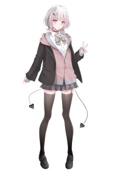 Rule 34 | 1girl, absurdres, asumi sena, black choker, black jacket, black shoes, black skirt, black thighhighs, bow, bowtie, choker, closed mouth, collared shirt, commentary request, cross hair ornament, full body, grey bow, grey bowtie, grey hair, hair ornament, hand up, highres, jacket, loafers, looking at viewer, multicolored hair, multiple tails, open clothes, open jacket, pink eyes, pink hair, school uniform, shirt, shoes, simple background, skirt, smile, solo, standing, streaked hair, tail, thighhighs, tilu, two tails, virtual youtuber, vspo!, white background, white shirt, zettai ryouiki