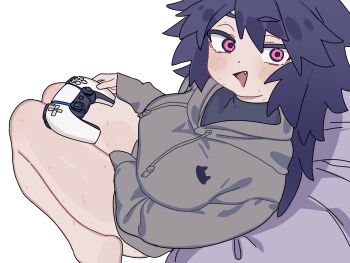 1girl absurdres animal_print barefoot blue_hair borrowed_character cat_print commentary controller fang game_controller grey_hoodie highres holding holding_controller holding_game_controller hood hoodie long_hair looking_at_viewer messy_hair no_pants open_mouth original pink_eyes playstation_controller print_hoodie ryusei_hashida solo sweat symbol-only_commentary