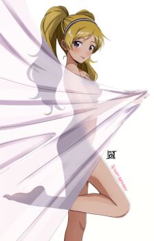 1girl :p barefoot behind_curtains birthday blonde_hair blush breasts commentary_request curtains emily_stewart from_side hairband happy_birthday highres idolmaster idolmaster_million_live! leg_up long_hair looking_at_viewer looking_to_the_side nude ponpon purple_eyes simple_background solo standing standing_on_one_leg tongue tongue_out twintails white_background