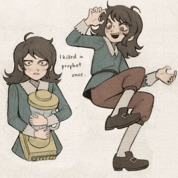 1boy abaddon_(haunted_hotel) abaddon_(human)_(haunted_hotel) blender_(object) blue_jacket brown_eyes brown_hair child commentary english_commentary english_text full_body haunted_hotel highres jacket long_hair male_focus multiple_views slit_pupils szivarvanyturmix02