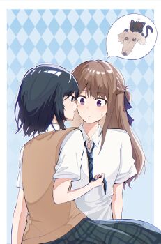 2girls black_hair blue_eyes braid brown_hair brown_sweater_vest clothes_grab commentary half_up_braid hashtag-only_commentary highres long_hair medium_hair mim120809 miyagi_shiori multiple_girls necktie necktie_grab neckwear_grab open_mouth purple_eyes school_uniform sendai_hazuki shirt short_hair shuuniichido_classmate_wo_kau_hanashi sidelocks sweater_vest white_shirt yuri