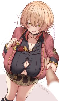 1boy 1girl black_choker black_shirt blonde_hair blush bow bow_earrings breasts button_gap cardigan choker cleavage earrings fang fatetan grabbing_another's_breast gradient_hair groping guided_breast_grab guiding_hand gyaru hair_over_one_eye heart heart_choker highres huge_breasts jewelry leaning_forward long_hair long_sleeves looking_at_viewer miniskirt multicolored_hair necktie necktie_lift nijisanji nui_sociere nui_sociere_(10th_costume) open_mouth pink_cardigan pink_hair pink_nails purple_necktie purple_skirt shirt simple_background skin_fang skindentation skirt smile twitter_username virtual_youtuber white_background wolf_cut yellow_eyes