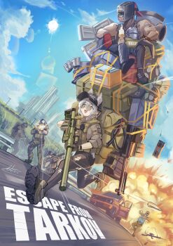 Rule 34 | 1girl, 6+boys, absurdres, animal ears, arktic, backpack, bag, baseball cap, big pipe (escape from tarkov), birdeye (escape from tarkov), black hat, black shorts, blue sky, bolt action, boots, brown boots, brown gloves, building, bullet, bulletproof vest, car, cloud, commentary, copyright name, day, english commentary, escape from tarkov, explosion, food, gloves, graphics card, green eyes, grenade launcher, gun, gun sling, hat, highres, holding, holding gun, holding weapon, ice cream, killa (escape from tarkov), knight (escape from tarkov), lobaev arms dvl-10 m1 sabatour, milkor mgl, motor vehicle, multiple boys, muscular, muscular male, night vision device, open mouth, outdoors, pantyhose, rifle, running, short shorts, shorts, sky, skyscraper, smile, sniper rifle, sun, sun glare, sunglasses, tagilla (escape from tarkov), teeth, torn clothes, torn pantyhose, upper teeth only, weapon, welding mask, white hair