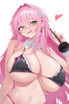 1girl bikini black_bikini breasts commentary earrings flower goddess_of_victory:_nikke green_eyes hair_between_eyes hair_flower hair_ornament hand_up heart heart_earrings highres holding huge_breasts jewelry kuavera long_hair looking_at_viewer mole mole_under_eye nail_polish navel pink_hair pink_nails simple_background skindentation solo sweat swimsuit tongue tongue_out underboob upper_body velvet_(nikke) white_background wrist_cuffs