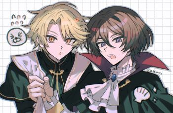 1616note 2boys :o ascot blonde_hair brooch brown_eyes brown_hair clothes_pull commentary_request fangs flying_sweatdrops hair_between_eyes halloween_costume hand_up high_collar himuro_hijiri jewelry king_of_prism long_sleeves looking_at_viewer male_focus multiple_boys norizuki_jin open_mouth outline pretty_rhythm pretty_series priest purple_eyes seashell shell short_hair sparkle upper_body vampire_costume yellow_ascot