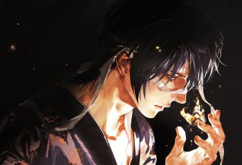 Rule 34 | 1boy, aquiline nose, arm up, bandages, black background, black hair, bug, butterfly, chimmyming, collarbone, embers, fingernails, fire, from side, gintama, highres, insect, looking at animal, male focus, nose, parted lips, profile, short hair, solo, takasugi shinsuke, teeth, upper body