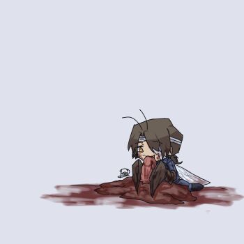 1boy absurdres antennae arthropod_boy arthropod_limbs artist_name bandage_on_face bandage_over_one_eye bandaged_head bandages black_boots bleeding blood blood_on_clothes blood_on_face blood_on_hands blood_splatter blood_stain boots brown_hair bug chibi chibi_only cockroach_boy corpse death dirty dirty_clothes dripping eating facial_hair flesh food g_corp._(identity)_(project_moon) glasses gregor_(project_moon) guro hair_between_eyes half-closed_eyes highres holding jitome kneeling limbus_company long_hair long_sleeves looking_down low_ponytail male_focus meat mini_person miniboy monster_boy one_eye_covered open_mouth parted_bangs photoshop_(medium) ponytail project_moon signature simple_background sitting solo stubble wariza what white_background wings yellow_eyes