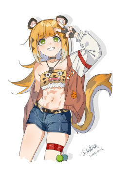 1girl abs absurdres alternate_costume animal_ear_fluff animal_ears belt black_choker black_gloves blonde_hair breasts choker commentary_request fingerless_gloves gloves green_eyes grin highres igarashi_wu jacket ju_fufu legband light_blush long_hair long_sleeves midriff multicolored_hair navel open_mouth puffy_sleeves small_breasts smile tail teeth tiger_ears tiger_girl tiger_tail v v_over_head white_hair zenless_zone_zero