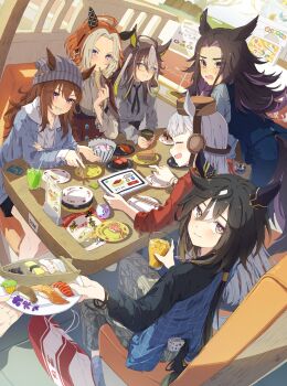 6+girls absurdres ahoge animal_ears arm_support bag beanie bent_over black_hair blonde_hair blue_eyes brown_eyes brown_hair chopsticks chopsticks_in_mouth clothing_cutout commentary_request cup dream_journey_(casual)_(umamusume) dream_journey_(umamusume) drink drinking_glass drinking_straw ear_covers ears_through_headwear fenomeno_(casual)_(umamusume) fenomeno_(umamusume) fisheye food furrowed_brow gold_ship_(casual)_(umamusume) gold_ship_(umamusume) grey_hair grin hair_between_eyes hat highres holding holding_chopsticks holding_cup holding_plate holding_tablet_pc hood hood_down hoodie horse_ears horse_girl horse_tail ice ice_cube indoors jacket komeko97 leaning_forward light_smile long_hair long_sleeves looking_at_another looking_at_viewer low_ponytail multicolored_hair multiple_girls nakayama_festa_(casual)_(umamusume) nakayama_festa_(umamusume) official_alternate_costume open_clothes open_jacket orfevre_(casual)_(umamusume) orfevre_(umamusume) pants pillbox_hat pink_eyes plate ponytail pov pov_hands purple_eyes purple_hair shirt shopping_bag shorts side-by-side sitting slice_of_life smile standing stay_gold_(casual)_(umamusume) stay_gold_(umamusume) stay_gold_clan_(umamusume) sushi sweat tablet_pc tail tail_through_clothes umamusume vest white_hair