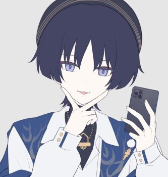 Rule 34 | 1boy, :p, beret, black hair, black hat, black shirt, blue shawl, blunt ends, casual, cellphone, choppy bangs, collared shirt, commentary request, contemporary, empty eyes, eyelashes, eyeliner, feathers, fingernails, garann14, genshin impact, gold necklace, gold trim, hands up, hat, highres, holding, holding phone, jewelry, long sleeves, looking at viewer, makeup, male focus, necklace, official alternate costume, open collar, phone, pom pom (clothes), portrait, purple eyes, red eyeliner, scaramouche (genshin impact), shawl, shirt, smartphone, solo, tongue, tongue out, tsurime, turtleneck, turtleneck shirt, v, wanderer (genshin impact), wanderer (impression) (genshin impact), white shirt, white sleeves, yellow feathers