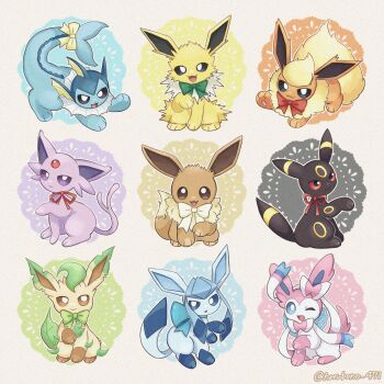 black_eyes blue_eyes bow bright_pupils brown_eyes colored_sclera commentary_request eevee espeon flareon gen_1_pokemon gen_2_pokemon gen_4_pokemon gen_6_pokemon glaceon green_eyes haru_glaceon highres jolteon leafeon nintendo no_humans one_eye_closed open_mouth pokemon pokemon_(creature) purple_eyes red_sclera ribbon sylveon tail tail_bow tail_ornament twitter_username umbreon vaporeon white_pupils