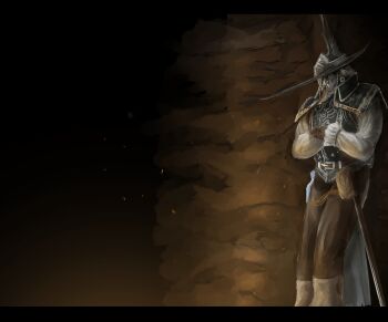 1girl aby armor belt black_hat blonde_hair breastplate brown_background brown_belt brown_gloves brown_pants commentary_request crossed_arms dark_souls_(series) dark_souls_ii feet_out_of_frame gloves hat highres letterboxed looking_at_viewer lucatiel_of_mirrah mask masked pants scabbard sheath shirt short_hair solo standing white_shirt