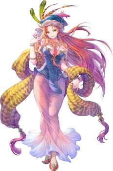 Rule 34 | armlet, belladonna (seiken densetsu 3), blue headwear, blue shirt, bracelet, breasts, bustier, closed mouth, earrings, fingernails, full body, green eyes, haccan, highres, isabella (seiken densetsu 3), jewelry, large breasts, long fingernails, long hair, long skirt, looking at viewer, nail polish, official art, peacock feathers, pink skirt, pointy shoes, red hair, seiken densetsu, seiken densetsu 3, shawl, shirt, shoes, skirt, sleeveless, smile, transparent background, very long hair