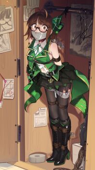 1girl absurdres akizuki_ritsuko antenna_hair arms_behind_back bare_shoulders bdsm belt black_boots black_pantyhose black_skirt bondage boots bound bound_ankles bound_arms bound_thighs braid breasts brown_eyes brown_hair cad_(caddo) closet clothes_hanger collar collared_shirt commentary commission constricted_pupils english_commentary full_body gag glasses green_belt green_ribbon green_shirt high_heel_boots high_heels highres idolmaster idolmaster_(classic) improvised_gag indoors lace-up_boots looking_at_viewer navel neck_ribbon overskirt pantyhose red_collar restrained ribbon scared second-party_source semi-rimless_eyewear sex_toy shibari shirt skirt slave sleeveless sleeveless_shirt solo standing tape tape_gag under-rim_eyewear vibrator vibrator_cord vibrator_under_clothes