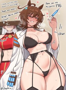 2girls abs adapted_costume agnes_tachyon_(umamusume) ahoge animal_ears areola_slip arm_at_side arrow_(symbol) black_bra black_choker black_garter_belt black_garter_straps black_thighhighs blurry blurry_background blush bra breasts brown_hair cheekie choker coat commentary curvy dark_skin ear_covers empty_eyes english_commentary english_text garter_belt garter_straps gold_ship_(red_strife)_(umamusume) gold_ship_(umamusume) grey_hair groin half-closed_eyes hand_up heart height highleg highleg_panties highres holding holding_syringe horse_ears indoors lab_coat large_breasts lingerie long_hair long_sleeves looking_at_viewer medium_hair micro_panties midriff multiple_girls naughty_face navel open_clothes open_coat open_door panties raised_eyebrow red_eyes skindentation sleeves_past_fingers sleeves_past_wrists smile solo_focus sparkle stomach strap_gap sweat syringe tall_female test_tube thighhighs thighs toned toned_female umamusume underwear