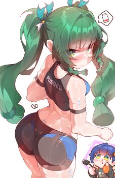 2girls absurdres ass belle_(zenless_zone_zero) black_shorts blue_eyes commentary english_commentary green_eyes green_hair highres long_hair looking_at_viewer multiple_girls orcavice qingyi_(zenless_zone_zero) short_hair shorts simple_background twintails white_background zenless_zone_zero