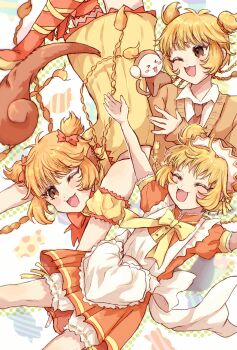 1girl animal animal_ears animal_on_shoulder blonde_hair blueskytake bow braid cafe_mew_mew_uniform choker commentary_request detached_sleeves dress fong_pudding highres long_hair magical_girl mew_pudding monkey monkey_girl monkey_tail multiple_views open_mouth puffy_detached_sleeves puffy_sleeves quad_braids school_uniform short_hair smile tail tokyo_mew_mew very_long_hair