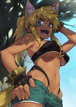 1girl animal_ears bare_shoulders belt_bra blonde_hair blue_eyes blue_sky bracelet breasts cowboy_shot dark-skinned_female dark_skin denim denim_shorts extra_ears facial_mark female_focus fingerless_gloves gloves hand_on_own_head hand_on_own_hip hekonda_kan highres hip_bones jewelry liru looking_at_viewer looking_down medium_breasts navel o-ring o-ring_top open_mouth outdoors ponytail renkin_san-kyuu_magical_pokaan sharp_teeth shorts sidelocks sky smile solo strap studded_bracelet tail teeth tree tree_shade under_tree underboob whisker_markings wolf_ears wolf_girl wolf_tail