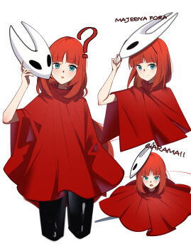 Rule 34 | 1girl, ?, aqua eyes, blunt bangs, cloak, closed mouth, commentary, cosplay, cropped legs, english commentary, genshin impact, highres, holding, holding mask, hollow knight, hollow knight: silksong, hornet (hollow knight), hornet (hollow knight) (cosplay), long hair, looking at viewer, mask, mask on head, multiple views, mxsoundtube, needle (hollow knight), nilou (genshin impact), parted lips, red cloak, red hair, simple background, smile, white background, white mask