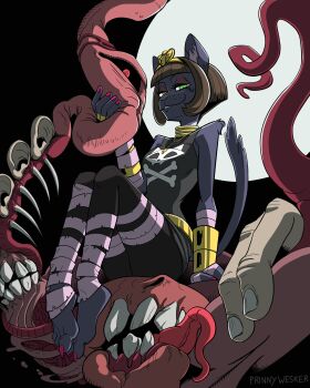 1girl absurdres animal_ears ankh_necklace bandaged_leg bandages black_background black_pants brown_hair cat_ears cat_girl cat_tail commentary cthulhu_mythos english_commentary furry furry_female gold green_eyes grey_tank_top highres jewelry monster neck_ring nyarlathotep pants pink_claws pink_nails prinnywesker red_eyes tail tank_top tentacles tiara tongue