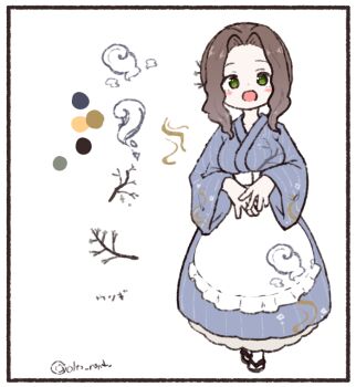 1girl :d apron black_sandals blue_kimono blush_stickers branch breasts brown_hair color_guide commentary_request forehead full_body green_eyes inset_border japanese_clothes kimono large_breasts long_hair long_sleeves looking_at_viewer olto_rondo open_mouth original own_hands_together sandals smile smoke socks solo waist_apron white_apron white_background white_socks wide_sleeves