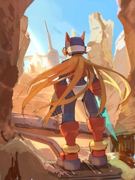 Rule 34 | 1boy, absurdres, armor, blonde hair, commentary request, desert, energy sword, from behind, helmet, highres, holding, holding sword, holding weapon, long hair, male focus, mega man (series), mega man zero (series), omochi (mochi skymega), red armor, red helmet, solo, standing, sword, weapon, z saber, zero(z) (mega man), zero (mega man)