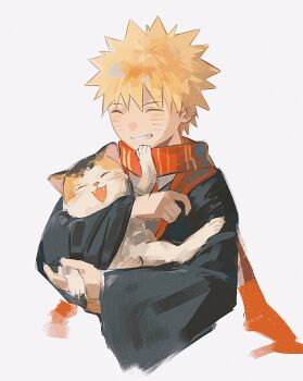 Rule 34 | 1boy, alternate costume, animal, blonde hair, blush, cat, closed eyes, closed mouth, cropped torso, facial mark, grin, hashtag-only commentary, highres, holding, holding animal, holding cat, male focus, naruto (series), red scarf, scarf, sevenlistening, short hair, simple background, smile, spiked hair, teeth, uzumaki naruto, whisker markings, white background