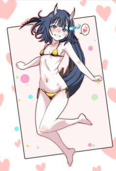1girl aoki_ruri bikini blue_eyes blue_hair blush commentary_request dragon_girl dragon_tail flat_chest full_body gold_bikini heart highres horns navel niea ruridragon short_hair side-tie_bikini_bottom solo spoken_heart swimsuit tail