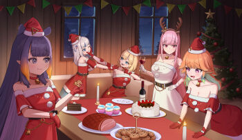 5girls absurdres antlers bare_shoulders bell blonde_hair blue_eyes blue_hair bottle breasts cake candle chocolate_cake choker christmas_tree cleavage cookie crumbs cupcake dress drooling eating fins fish_tail food fur-trimmed_dress fur_trim gawr_gura gloves green_hair ham hat highres hololive hololive_english holomyth horns indoors large_breasts looking_at_another looking_at_food medium_breasts merry_christmas mole mole_under_eye mori_calliope multicolored_hair multiple_girls neck_bell ninomae_ina'nis orange_hair pink_eyes pink_hair plate pointy_ears purple_eyes purple_hair pushing_away reaching red_choker red_dress red_gloves reindeer_antlers santa_costume santa_dress santa_hat shark_girl shark_tail small_breasts specwamen star-shaped_pupils star_(symbol) streaked_hair symbol-shaped_pupils table tail takanashi_kiara virtual_youtuber watson_amelia white_choker white_dress white_hair window wine_bottle