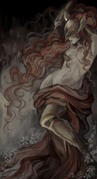 1girl arms_up breasts cleavage collarbone completely_nude contrapposto convenient_censoring covered_eyes covering_breasts covering_privates elden_ring expressionless floating_hair flower groin hashtag-only_commentary helmet helmet_over_eyes highres leg_lift leg_up lips long_hair malenia_blade_of_miquella malenia_goddess_of_rot mechanical_arms navel nude prosthesis prosthetic_arm prosthetic_leg qwt00tt red_hair robe single_mechanical_arm small_breasts solo stomach very_long_hair wavy_hair winged_helmet