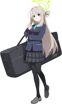 1girl 9ml black_cardigan black_pantyhose black_skirt blonde_hair blue_archive blue_jacket blue_necktie blush breast_pocket breasts buttons cardigan closed_mouth collared_shirt female_focus full_body game_asset green_eyes green_halo grey_shoes hair_intakes hair_rings halo hands_up happy heel_up holding_strap jacket large_variant_set layered_sleeves loafers long_hair long_sleeves looking_at_viewer medium_breasts miniskirt necktie nonomi_(blue_archive) official_art pantyhose pleated_skirt pocket school_uniform shirt shoes sidelocks simple_background single_hair_ring skirt sleeves_past_wrists smile solo split_mouth standing tachi-e third-party_source transparent_background variant_set weapon_case white_shirt zipper_pull_tab