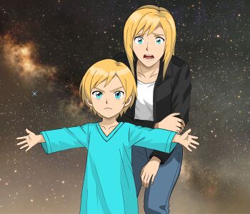 2girls absurdres aya_brea bigtree blonde_hair blue_eyes closed_mouth commentary_request highres jacket long_hair maya_brea multiple_girls open_mouth parasite_eve_(series) parasite_eve_i short_hair siblings sisters star_(sky)