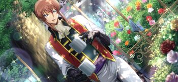 1boy artist_request ascot black_gloves blue_eyes blurry blurry_foreground brown_hair bug bush butterfly code_geass code_geass:_lost_stories cowboy_shot cup dappled_sunlight day drink dutch_angle flower game_cg garden gloves green_shirt half-closed_eyes happy high_collar highres holding holding_cup holding_drink incoming_drink insect jacket kanon_maldini lens_flare looking_at_viewer male_focus medium_hair mug non-web_source official_art open_clothes open_jacket open_mouth orange_flower orange_rose pants pink_flower pink_rose red_flower red_rose rose shirt sidelocks smile solo sparkle standing sunlight tree white_ascot white_flower white_jacket white_pants white_rose yellow_flower yellow_rose