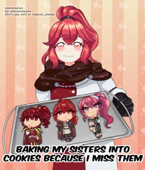 absurdres anna_(fire_emblem) baking baking_my_long_distance_bf_into_a_cookie_because_i_miss_him_(meme) black_gloves commission cookie fire_emblem fire_emblem:_three_houses fire_emblem_awakening fire_emblem_engage fire_emblem_fates food gloves hair_tie highres holding holding_tray marywutoons meme nintendo pink_eyes pink_hair red_eyes red_hair sad_smile tray