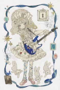 Rule 34 | 1girl, acrylic paint (medium), blonde hair, blue eyes, blunt bangs, blush, bonnet, bow, brooch, commentary request, dress, electric guitar, frilled bonnet, frilled dress, frills, full body, gem, guitar, guitar strap, hair bow, half-closed eyes, high collar, highres, holding, holding guitar, holding instrument, instagram logo, instagram username, instrument, jewelry, karintoun, keyhole, kneehighs, lace, lolita fashion, long hair, long sleeves, mary janes, music, neck ribbon, original, painting (medium), pale skin, picture frame, pink shoes, playing guitar, playing instrument, postage stamp, postmark, puffy sleeves, rabbit, ribbon, ribbon border, shoes, signature, simple background, socks, solo, standing, stuffed animal, stuffed toy, traditional media, twitter username, twitter x logo, watercolor (medium), watermark, wavy hair, white background